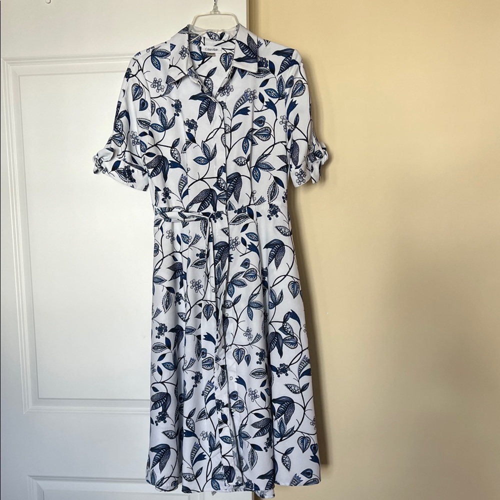 Calvin Klein White and Navy Floral Midi Dress